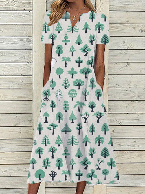 Women's Oil Painting Flower V-neck A- Line Dress