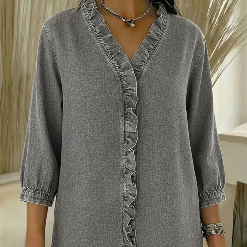 Camicia da donna casual con scollo a V e balze in stile denim