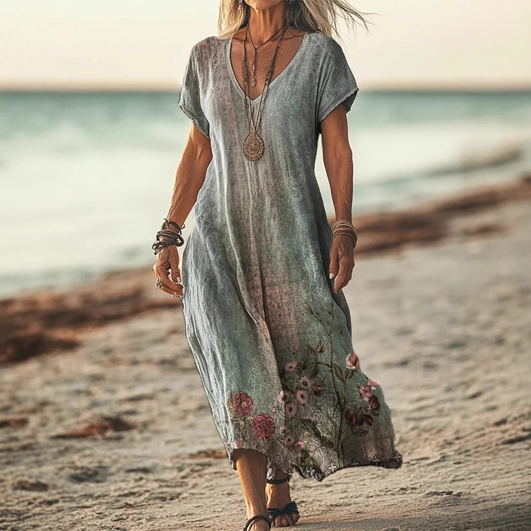 Creative Floral Womens V-Neck Short-Sleeve Dress