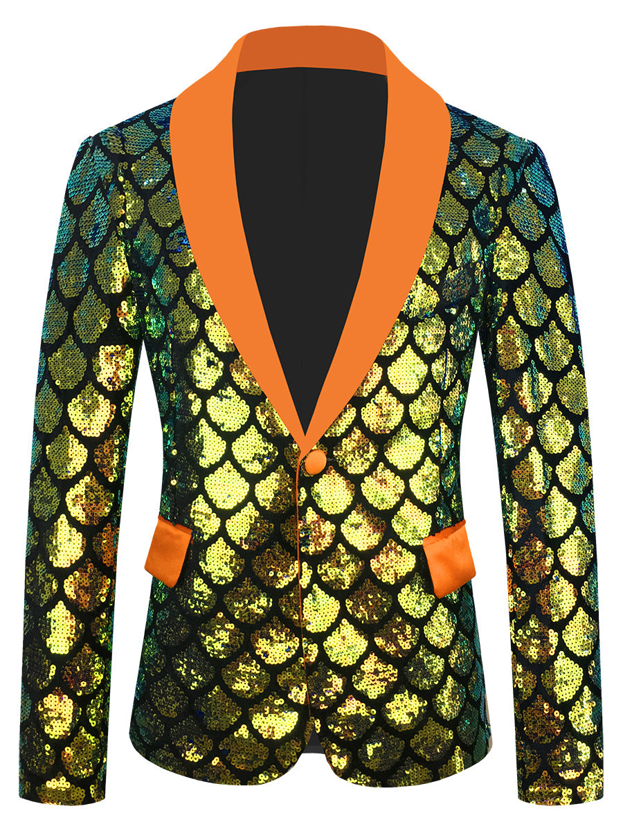 Costume maschile in velluto colorato con paillettes a squame reversibili