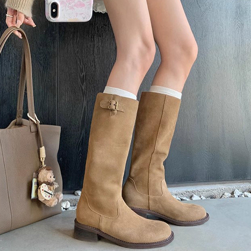 Cowhide Maillard Round Head Buckled Chunky Heel Below The Knee Boots