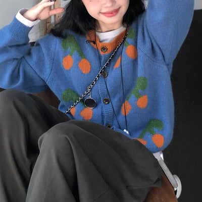 Round Neck Contrast Color Knitwear Cherry Embroidery Jacquard Women's Sweater