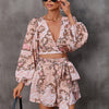 Floral Long-sleeve Shorts V-neck Jumpsuit