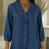 Camicia da donna casual con scollo a V e balze in stile denim