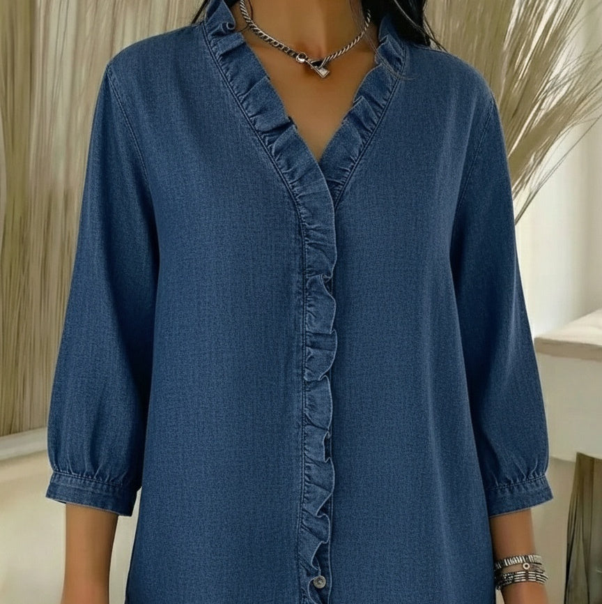 Camicia da donna casual con scollo a V e balze in stile denim