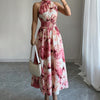 Neck Hanging Cinched Waist Sleeveless Dress With Ruffled Hem