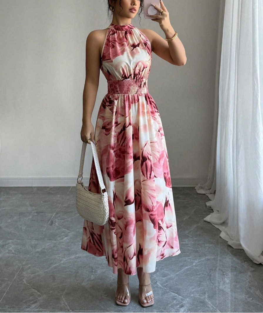 Neck Hanging Cinched Waist Sleeveless Dress With Ruffled Hem