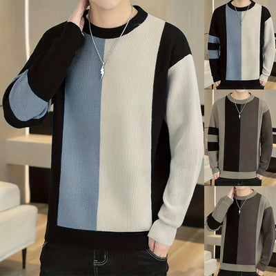 Contrast Color Fashion All-match College Style Round Neck Pullover Men's Sweater