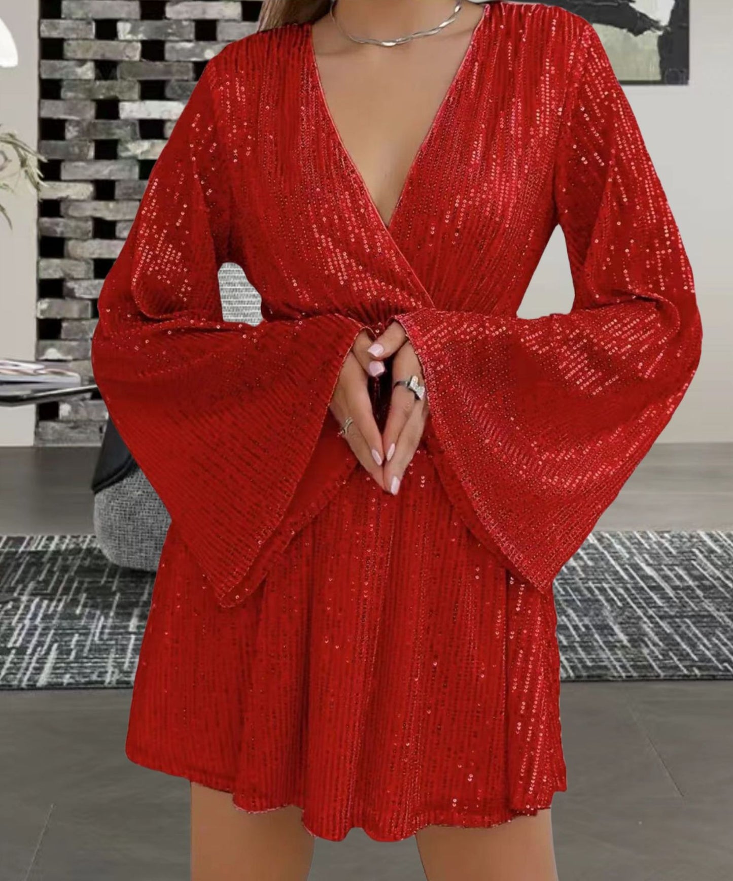 Abito da sera elegante con scollo a V, paillettes in vita e effetto snellente