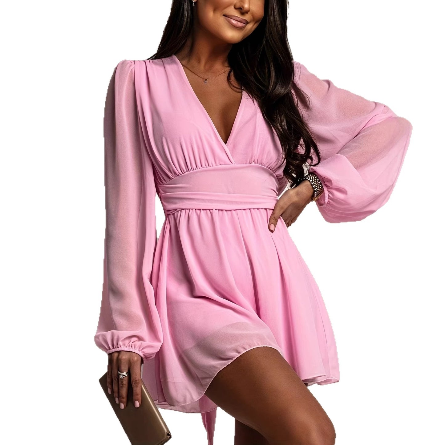 Bubble-sleeve High-waisted V-neck Long-sleeve Dress