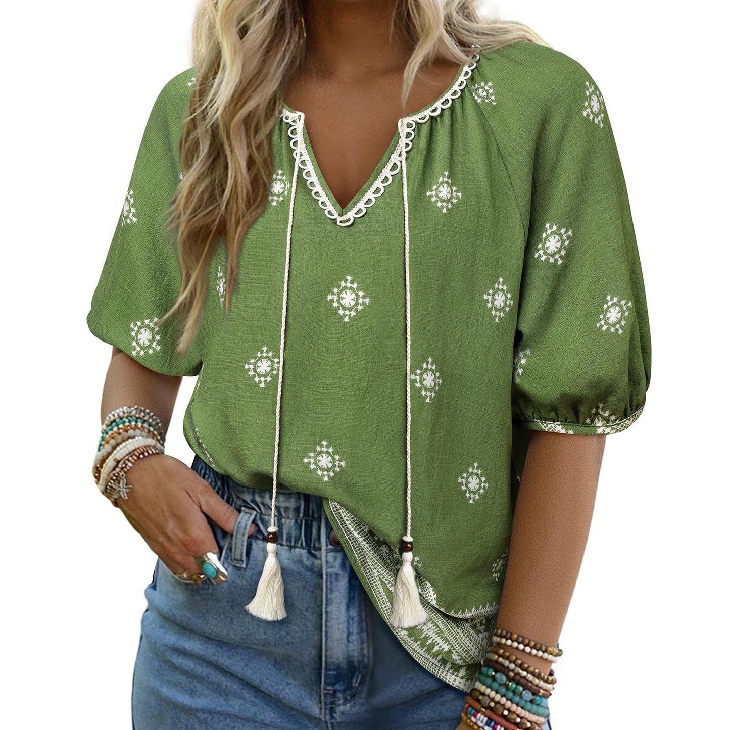Bohemian Casual V-neck Short-sleeve Printed Blouse