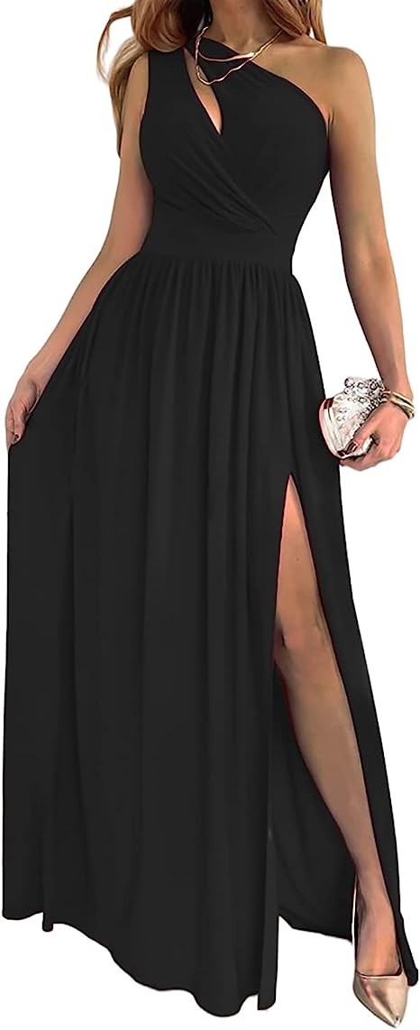 Abito lungo da cocktail da donna, elegante, sexy, monospalla, con spacco alto e cut-out, senza maniche