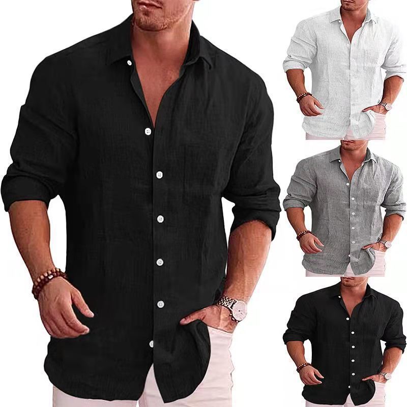 Men's Loose Plus Size Solid Color Shirt Linen Lapel Long Sleeve Casual Shirt
