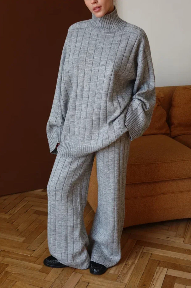 Elegant Solid Color Vertical Stripe Sweater Wide Leg Pants Two-piece Set