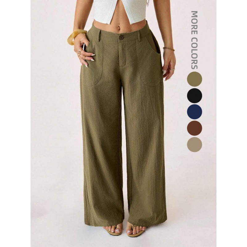 Nuovi pantaloni ampi da donna in misto cotone-lino a vita media, casual, per il pendolarismo