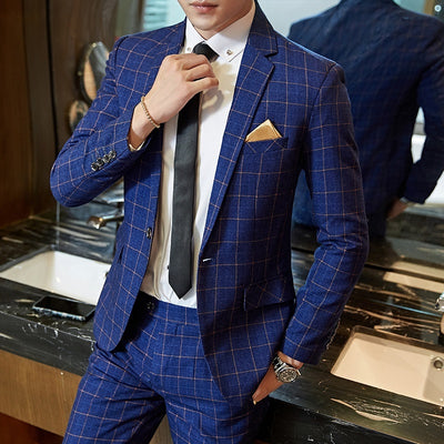 Abito da uomo in stile coreano, vestibilità slim, a quadri, casual