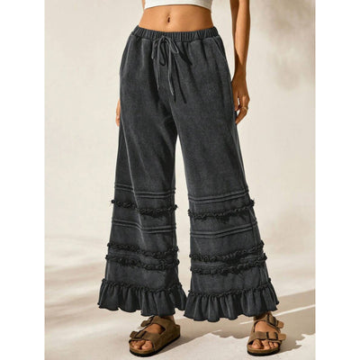 Summer Casual Vacation Style Black Worn Looking Washed-out Loose Flared Pants