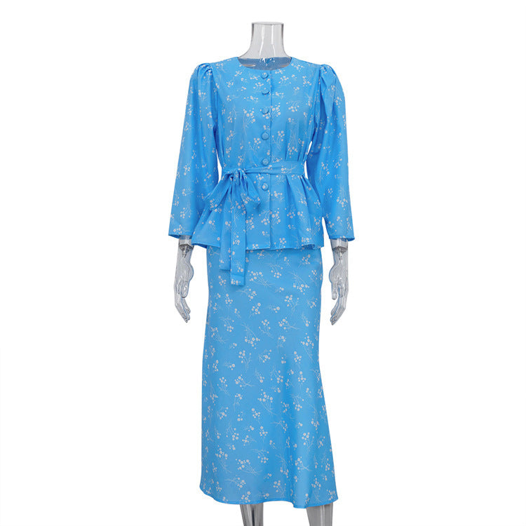 Womens Crew-neck Printed Top And Skirt Set