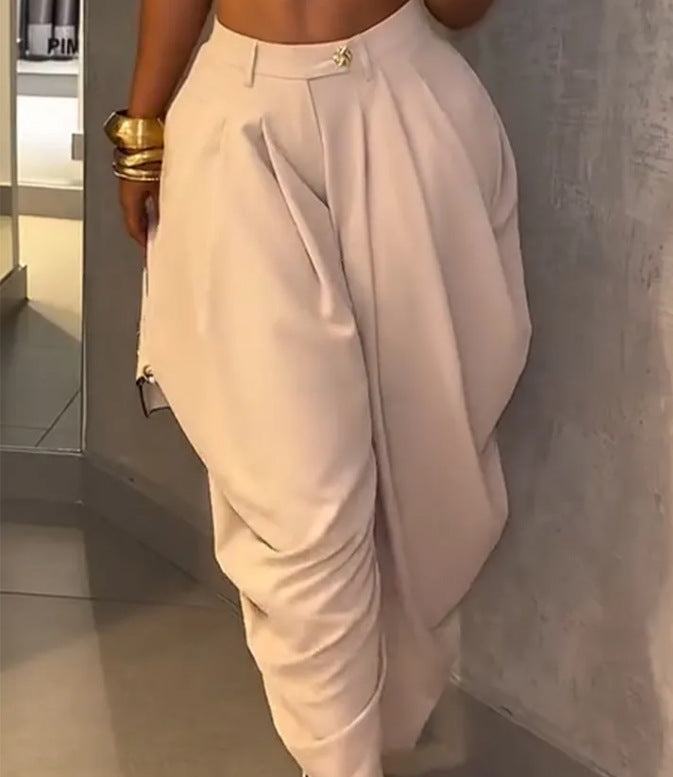 High Waist Loose Drooping Pleated Irregular Tapered Casual Pants Trousers