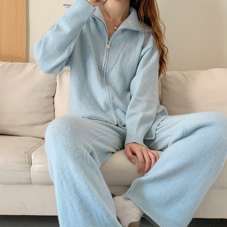 Cardigan lavorato a maglia con cerniera, pantaloni larghi a tinta unita, set da due pezzi