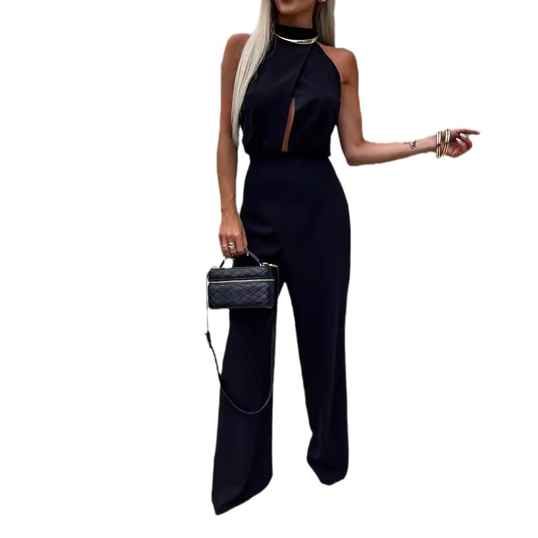 Womens Sexy Fashionable High-waisted Backless Tailored Straight Jumpsuit