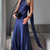 Vestito lungo in raso blu royal senza maniche