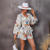 Floral Long-sleeve Shorts V-neck Jumpsuit