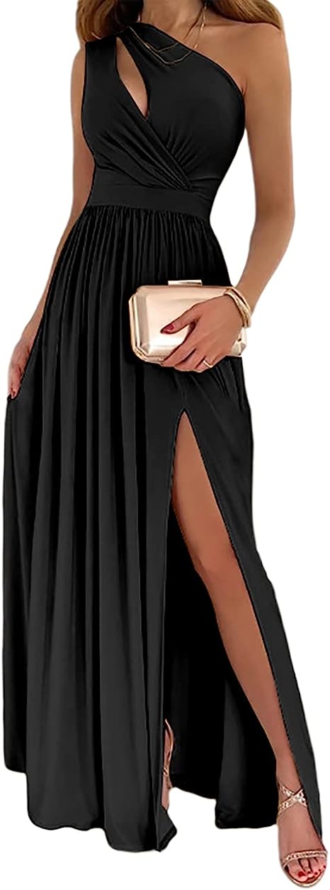 Abito lungo da cocktail da donna, elegante, sexy, monospalla, con spacco alto e cut-out, senza maniche