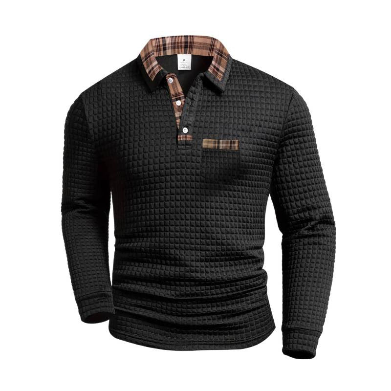 Polo da uomo a maniche lunghe in tinta unita con tasche e colletto