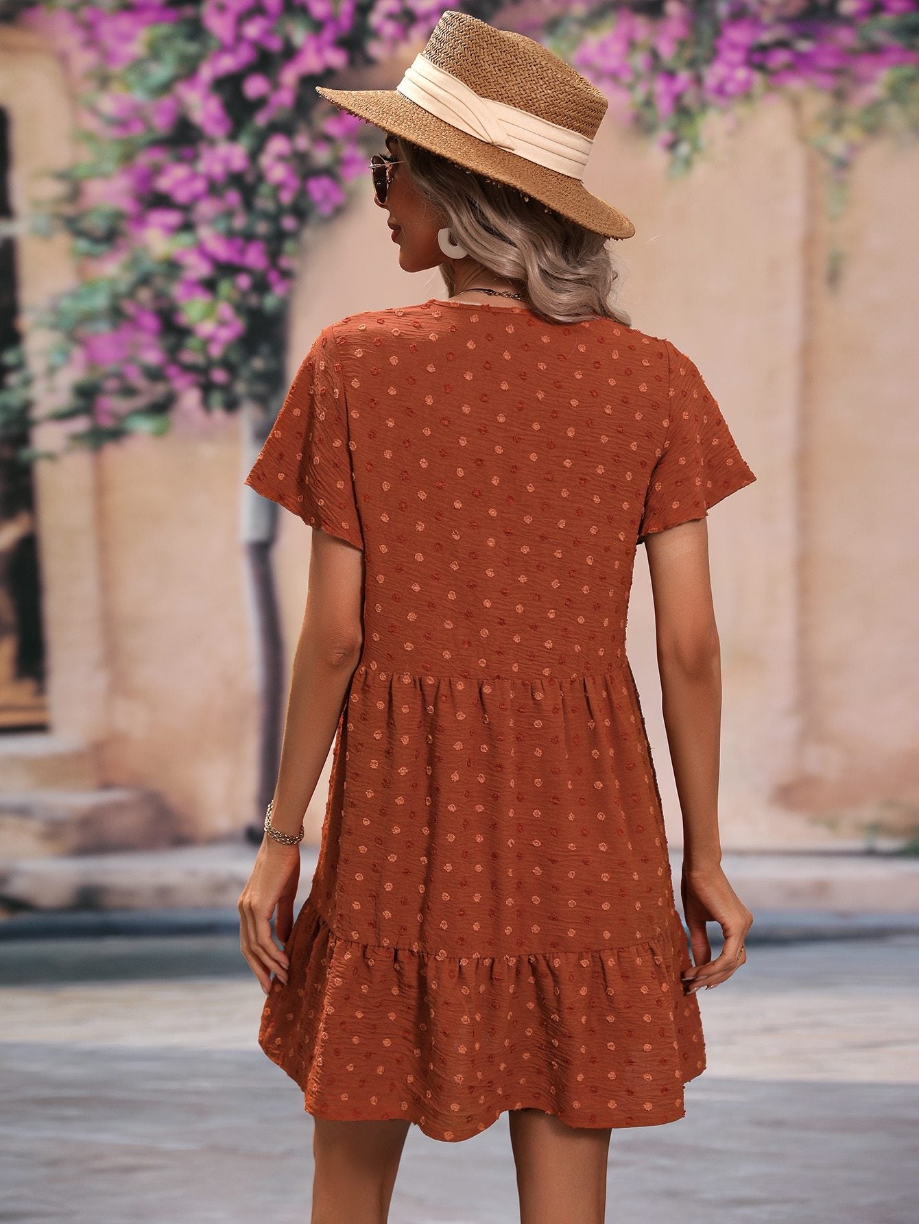 Dot Butterfly Sleeve Ruffle Hem Smock Dress