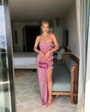 Vestito lungo attillato da donna con paillettes, scollo a barca, senza schienale e spacco con fiocco