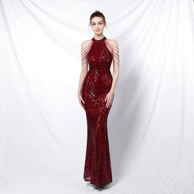 Abito da sera senza schienale per donna Abito da festa lungo in tessuto di paillettes economico