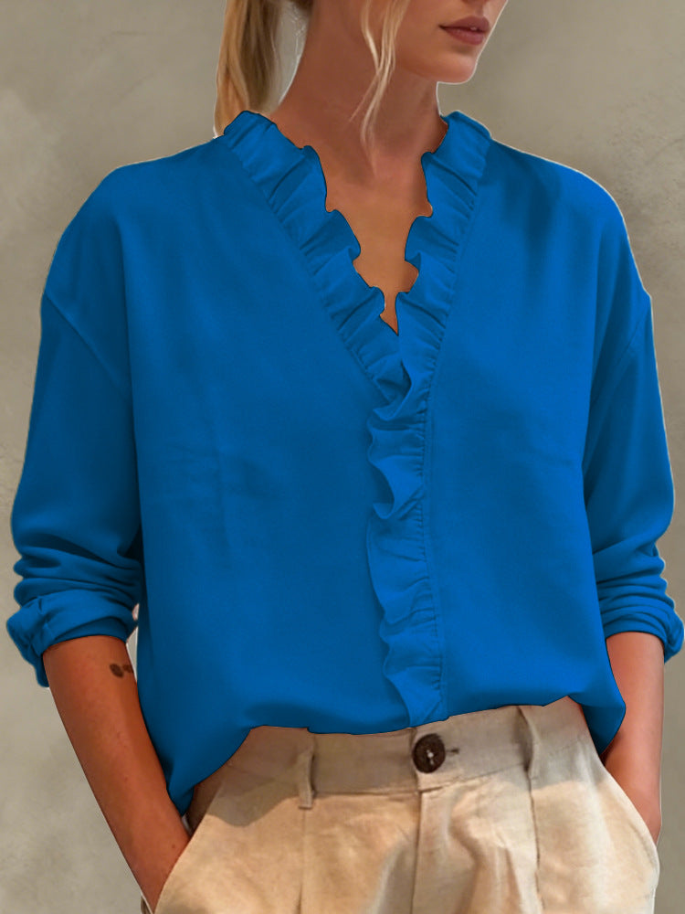 Camicetta da donna casual a maniche lunghe con scollo a V e bordo in pizzo