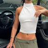 Top smanicato da donna monocolore, con scollo all'americana e schiena scoperta