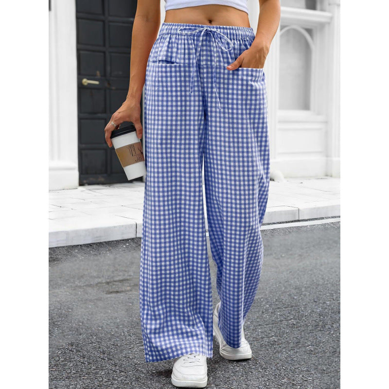 Pantaloni Loungeleisure Gessati a Vita Alta con Gamba Larga e Coulisse