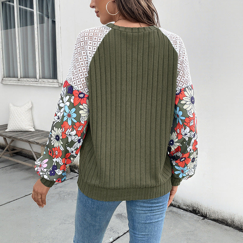 Cross-border Knitted Top With Crew Neck And Floral Patchwork Design