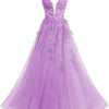 Women's Spaghetti Strap Tulle Long Applique Lace Dress With Long Dress
