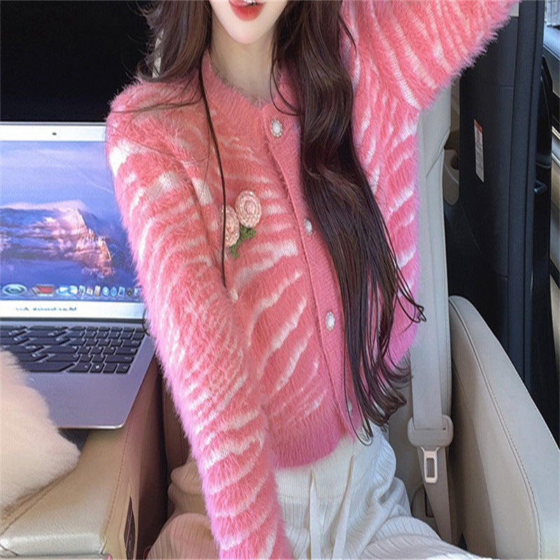 Cardigan lavorato a maglia con motivo zebrato in pelliccia di visone, cappotto da donna