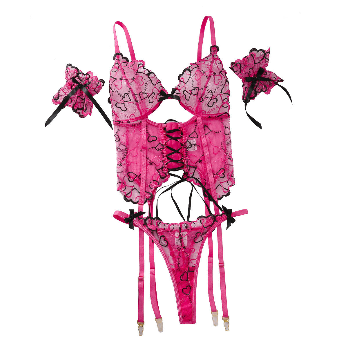 Completo intimo da donna leggero con lacci e ricamo Love, tre pezzi