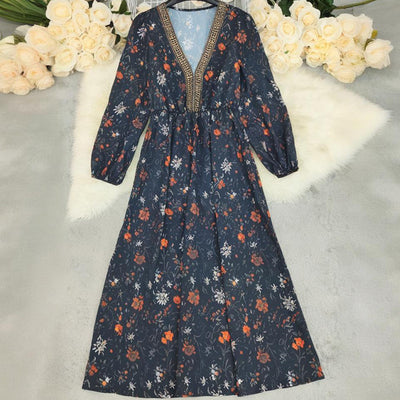 Women's Long Sleeve Vintage Print Long Dress