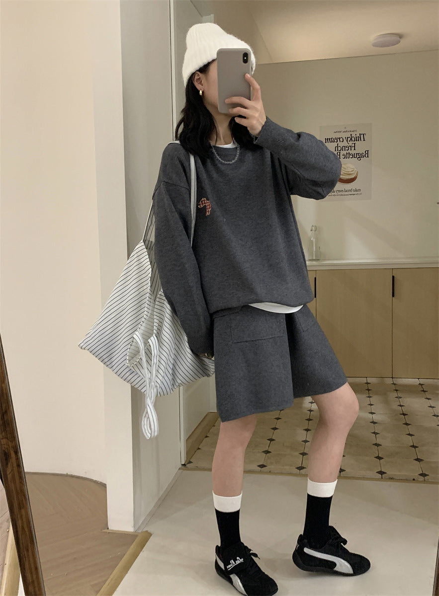 Casual Sports Knitted Sweater Shorts Suit