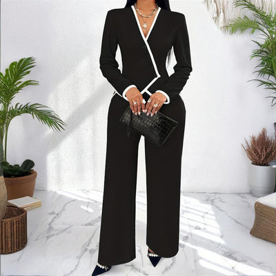 Women's Two-Piece V-Neck Long Sleeve Blouse With Contrast Trim & Straight Leg Wide Pants Set - Office Wear Suit For Spring&Fall
