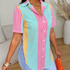 Contrast Color Striped Print Front Button Asymmetrical Hem Short Sleeve Shirt