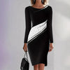 Elegant Black-and-white Contrast Long-sleeve Slim-fit Midi Dress