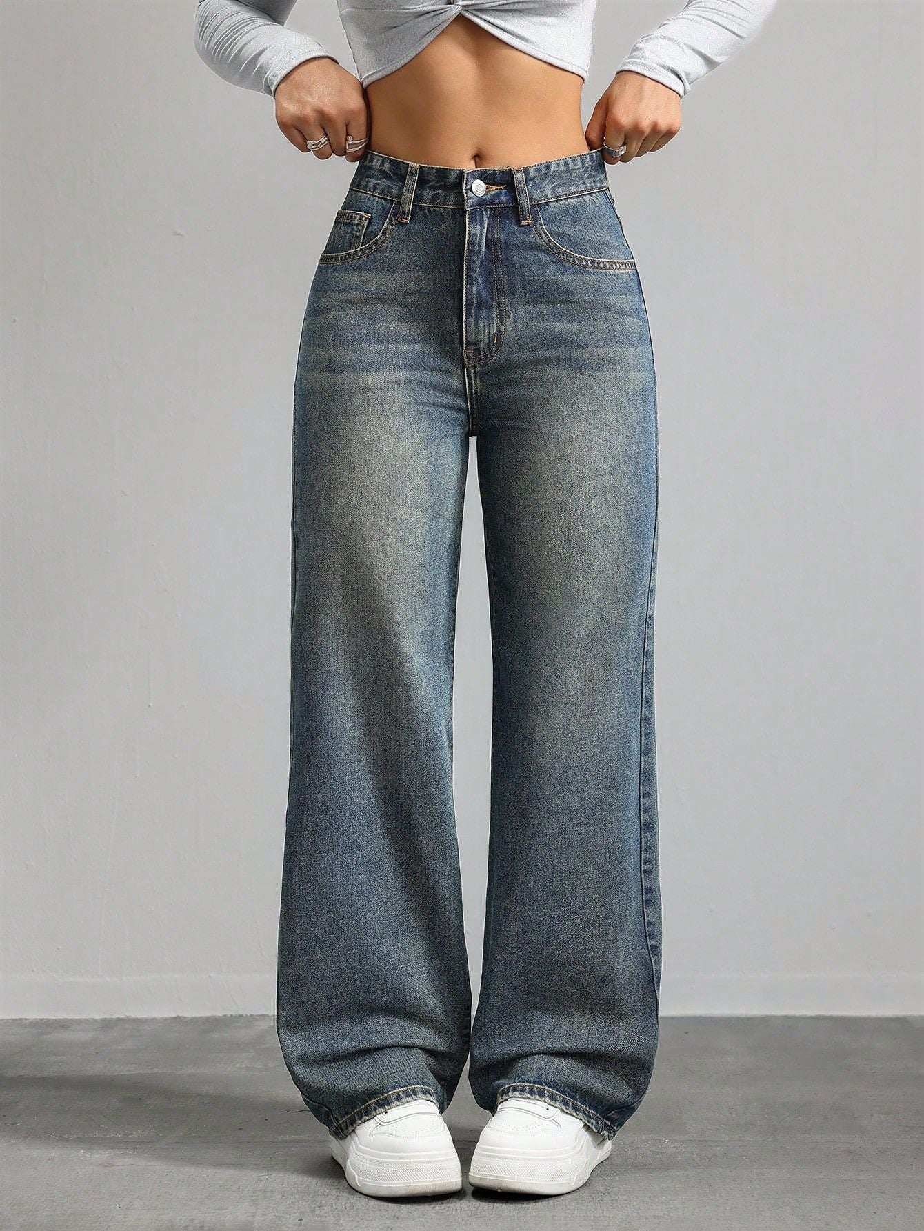 Wide-leg Jeans High Waist Multi-pocket Straight-leg Pants