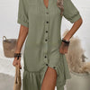 Womens Solid-Color Single-Breasted New Puff-Sleeve Dress