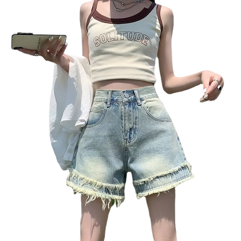 Shorts di jeans sfrangiati da donna, nuovo stile estivo a vita alta
