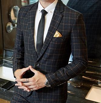 Abito da uomo in stile coreano, vestibilità slim, a quadri, casual