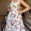 White Red Rose Print Halter Neck Waist-Cinched Midi Dress