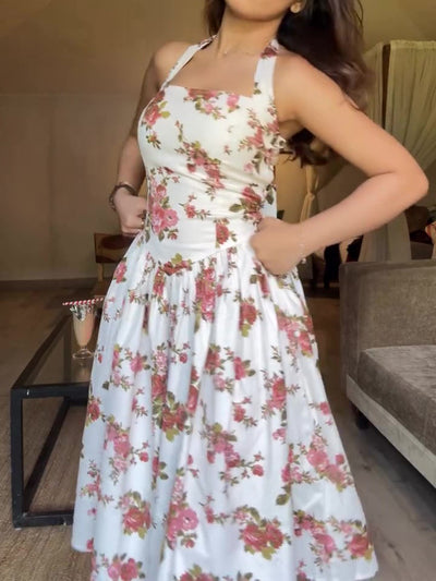 White Red Rose Print Halter Neck Waist-Cinched Midi Dress